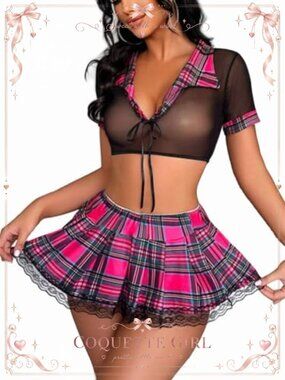 Sexy School Girl Lingerie Set Mesh Crop Top Plaid Mini Skirt Cosplay Costume